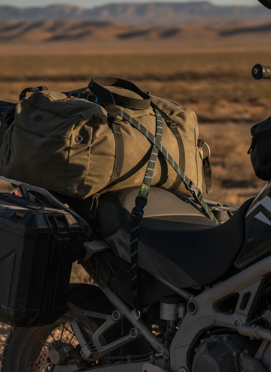 Close-up of elastic cargo straps with black buckles securing motorcycle gear in desert sunlight.