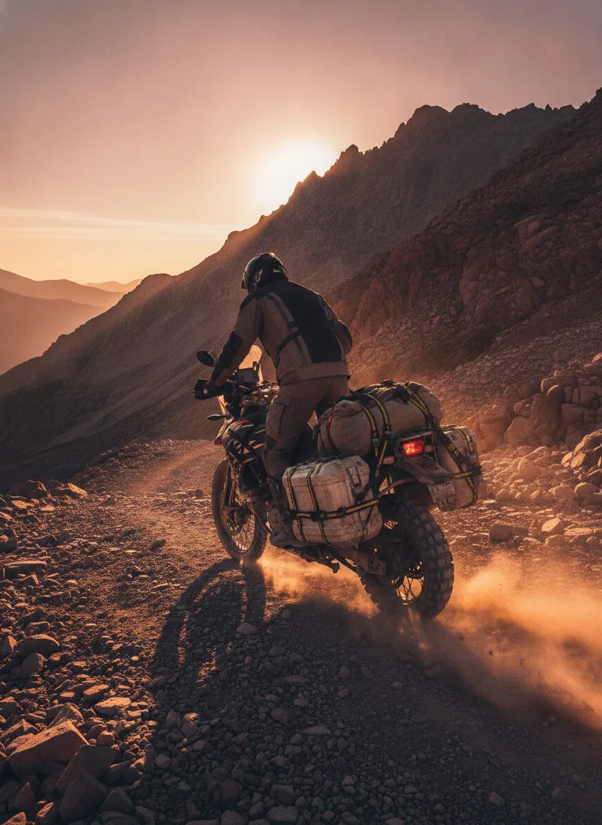 Adventure moto cargo straps mountain pass Adventure motorcycle with secured cargo straps ascending a mountain pass at sunset with a rider visible.