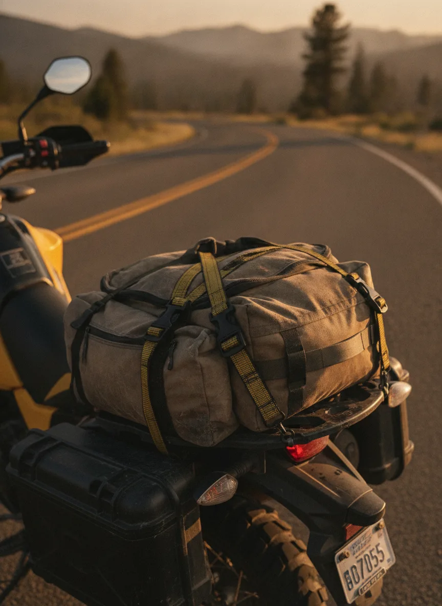 Elastic cargo straps with black buckles securing motorcycle gear bags on a mountain pass at golden hour.