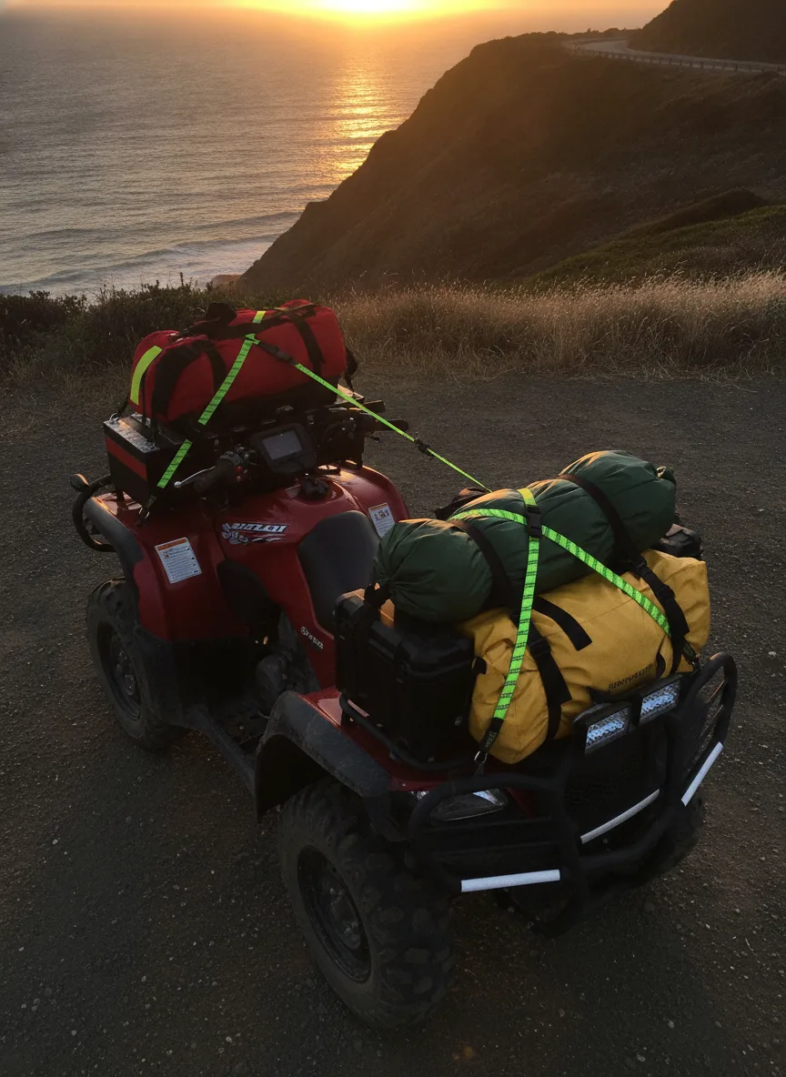 Overhead view of a parked adventure motorcycle with cargo straps securing gear on a coastal cliff at golden hour.