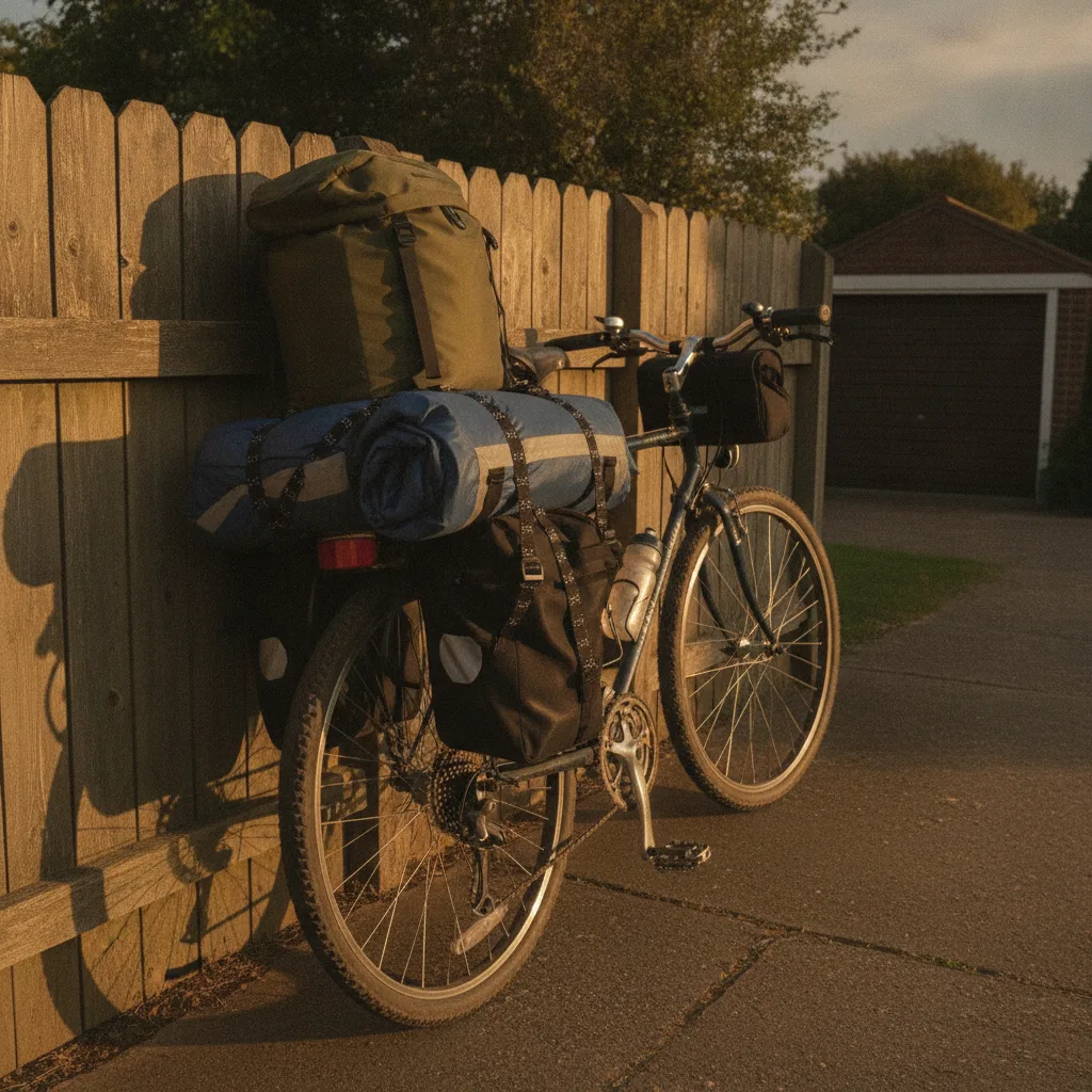 ROK Straps bicycle camping gear securing Elastic cargo straps with black buckles securing camping gear and backpack to a bicycle in afternoon sunlight.