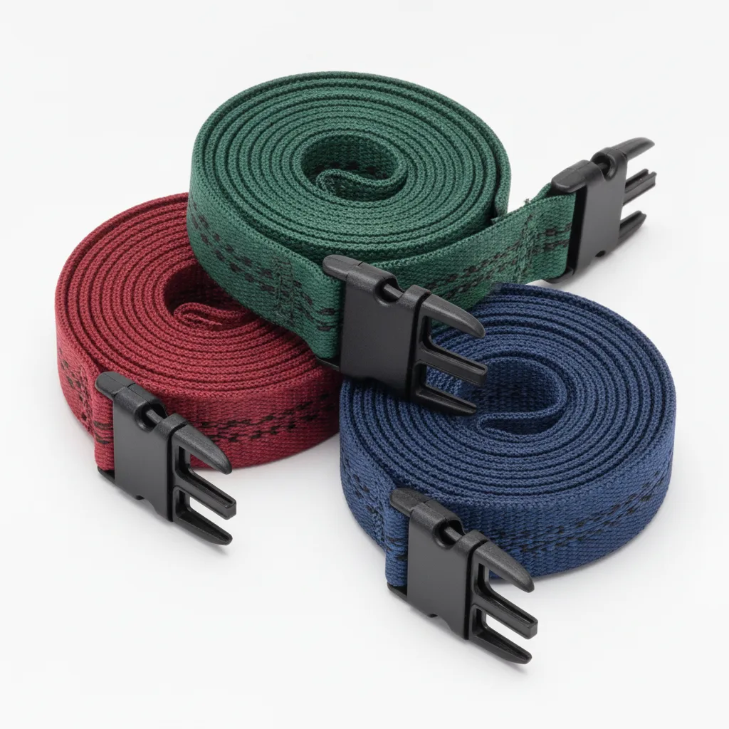 Coiled and stretched elastic cargo straps in crimson, green, and navy with black plastic buckles on white studio background.