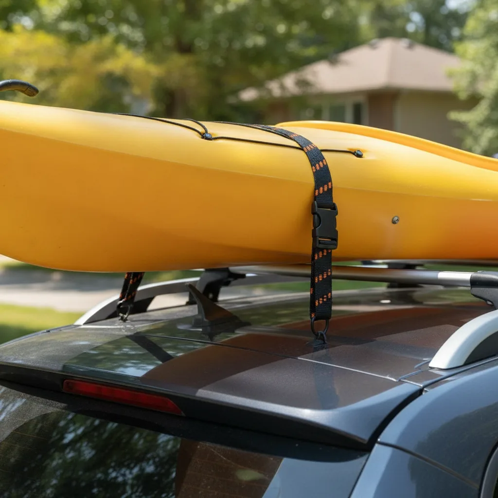 Elastic cargo straps with black buckles securing a yellow kayak to a roof rack in bright daylight.