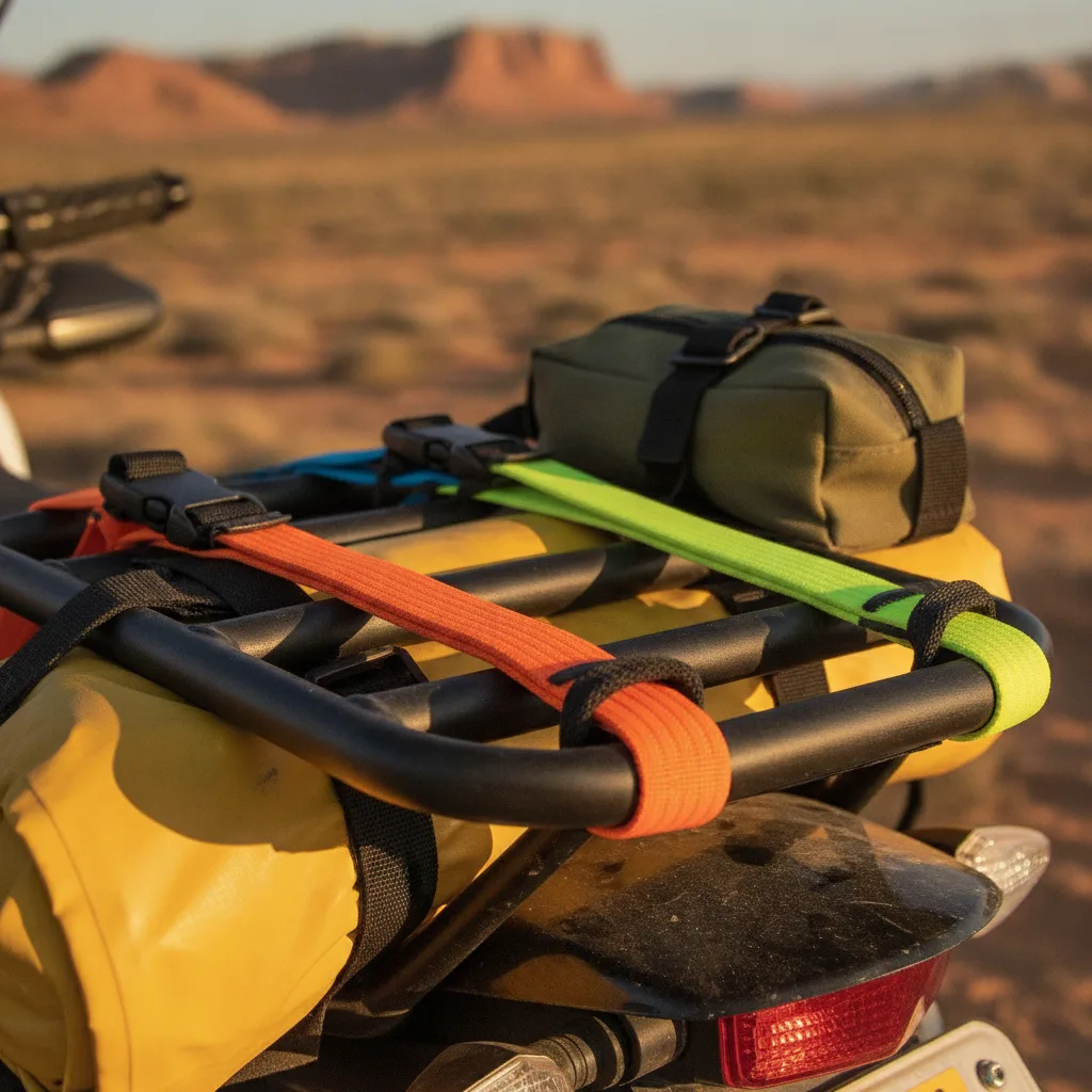 Colorful elastic cargo straps with black buckles securing motorcycle gear, golden-hour desert setting, professional detail photography.