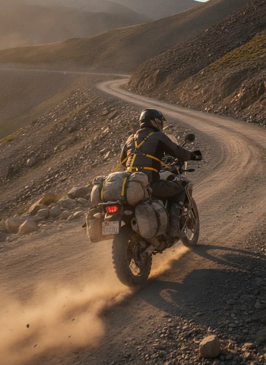 Adventure motorcycle with secured cargo ascending mountain pass in golden hour light with dust and motion.