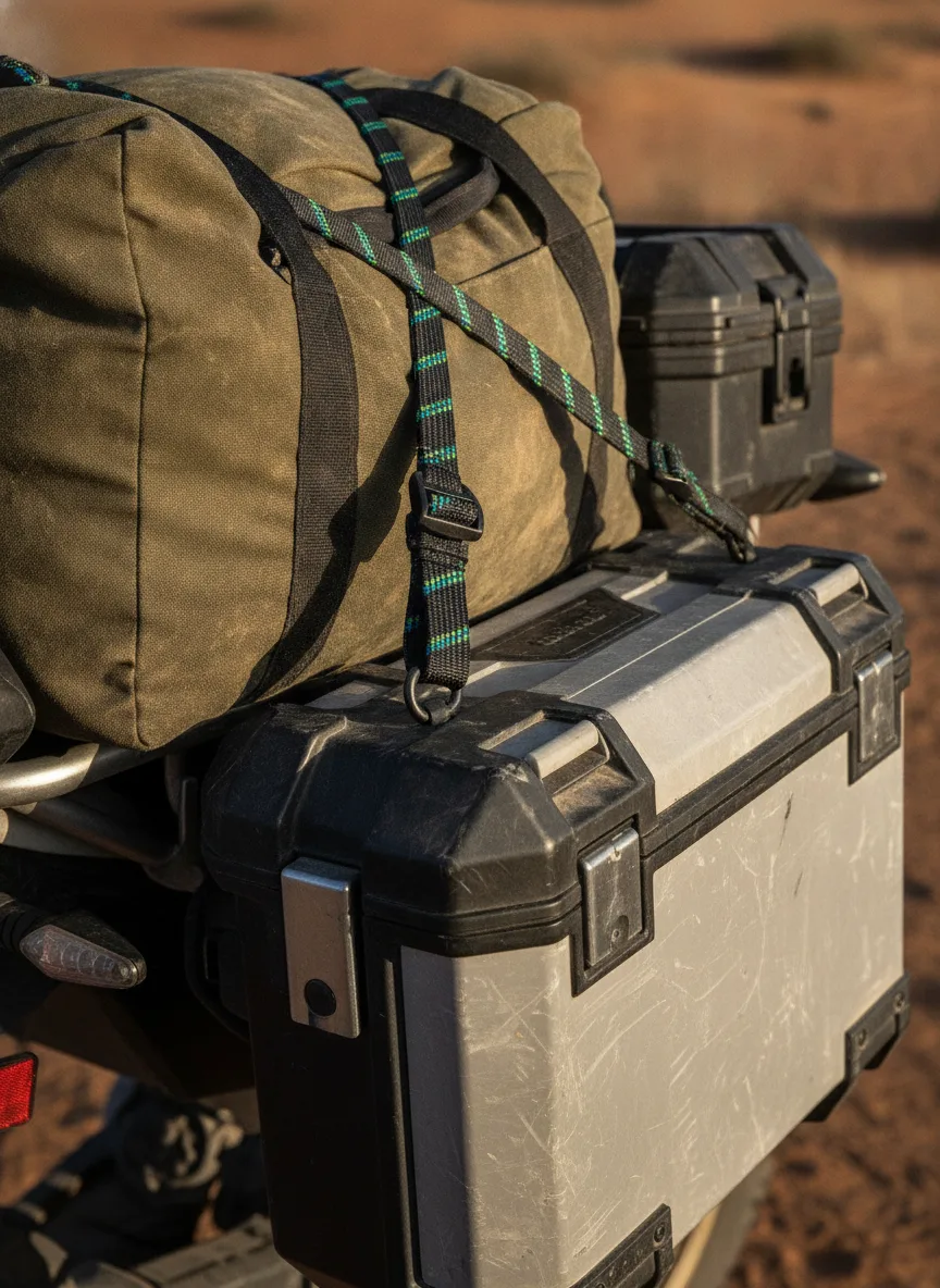 Close-up of elastic cargo straps with black buckles securing motorcycle expedition gear in desert landscape.