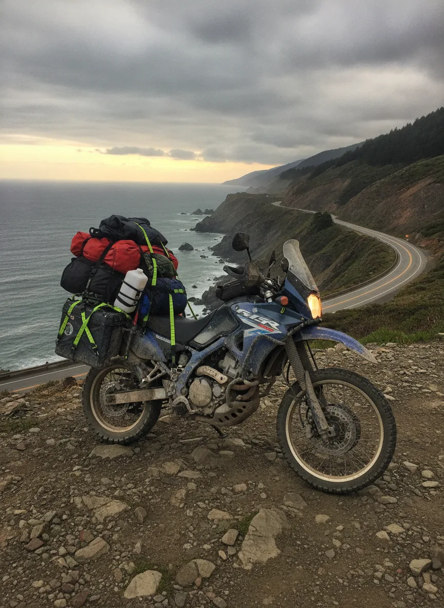 Loaded adventure motorcycle with elastic cargo straps on coastal ridge overlook in afternoon light.