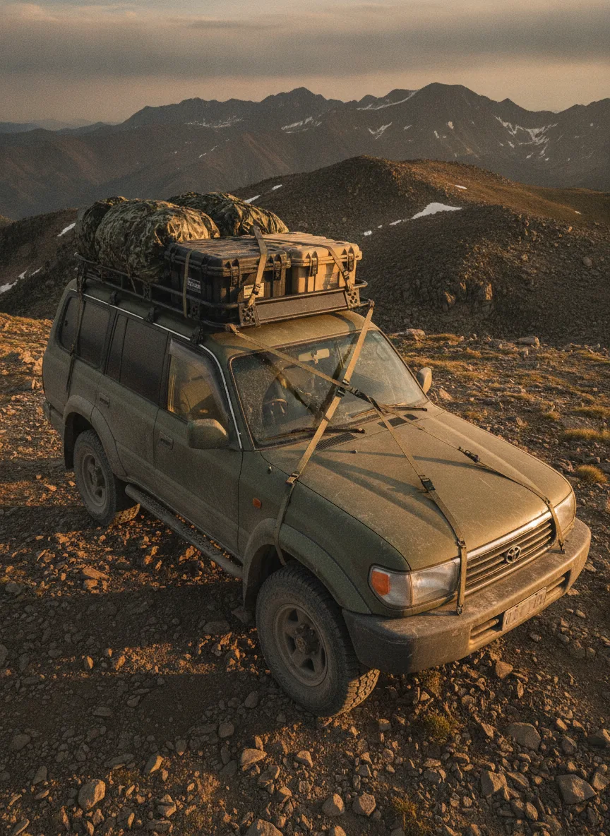 4x4 vehicle on mountain overlook with elastic cargo straps securing expedition gear at golden hour.