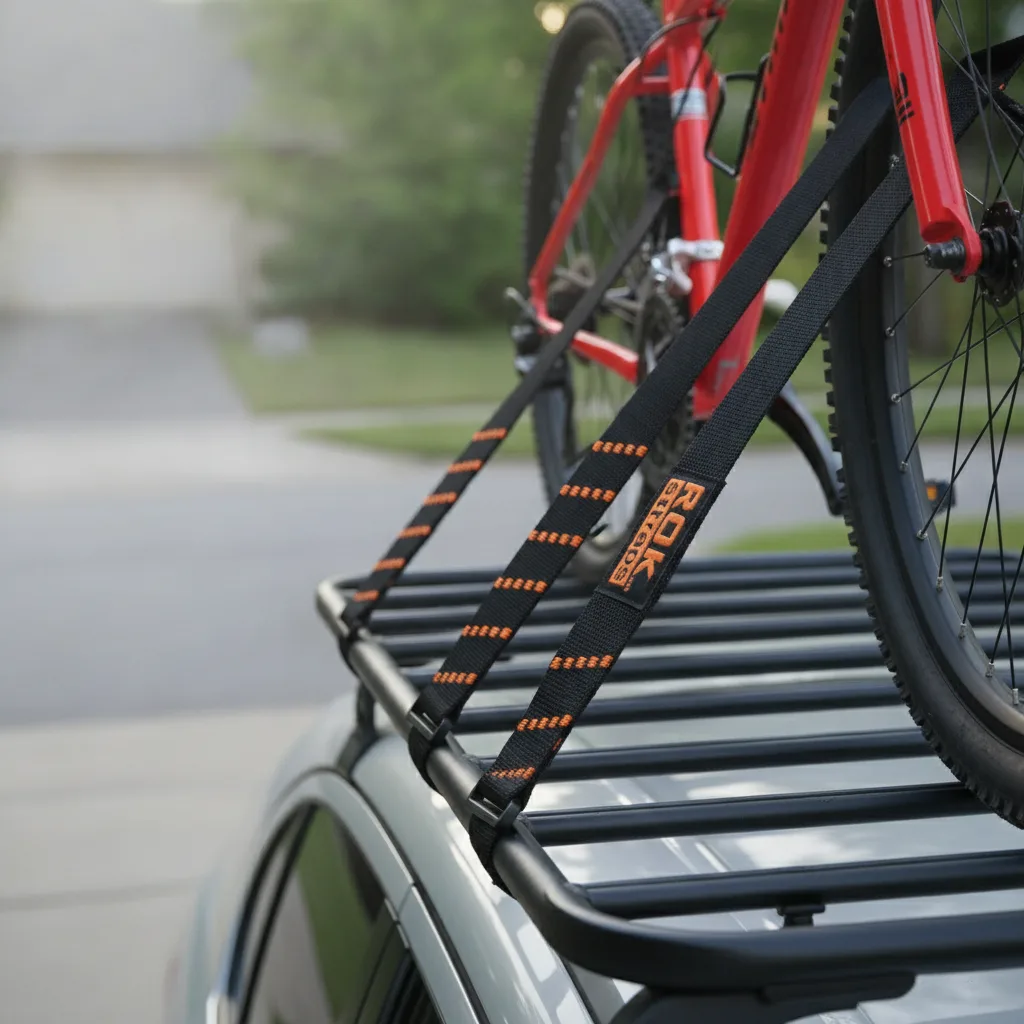 Elastic cargo straps with black buckles securing a red bicycle to a roof rack in daylight.