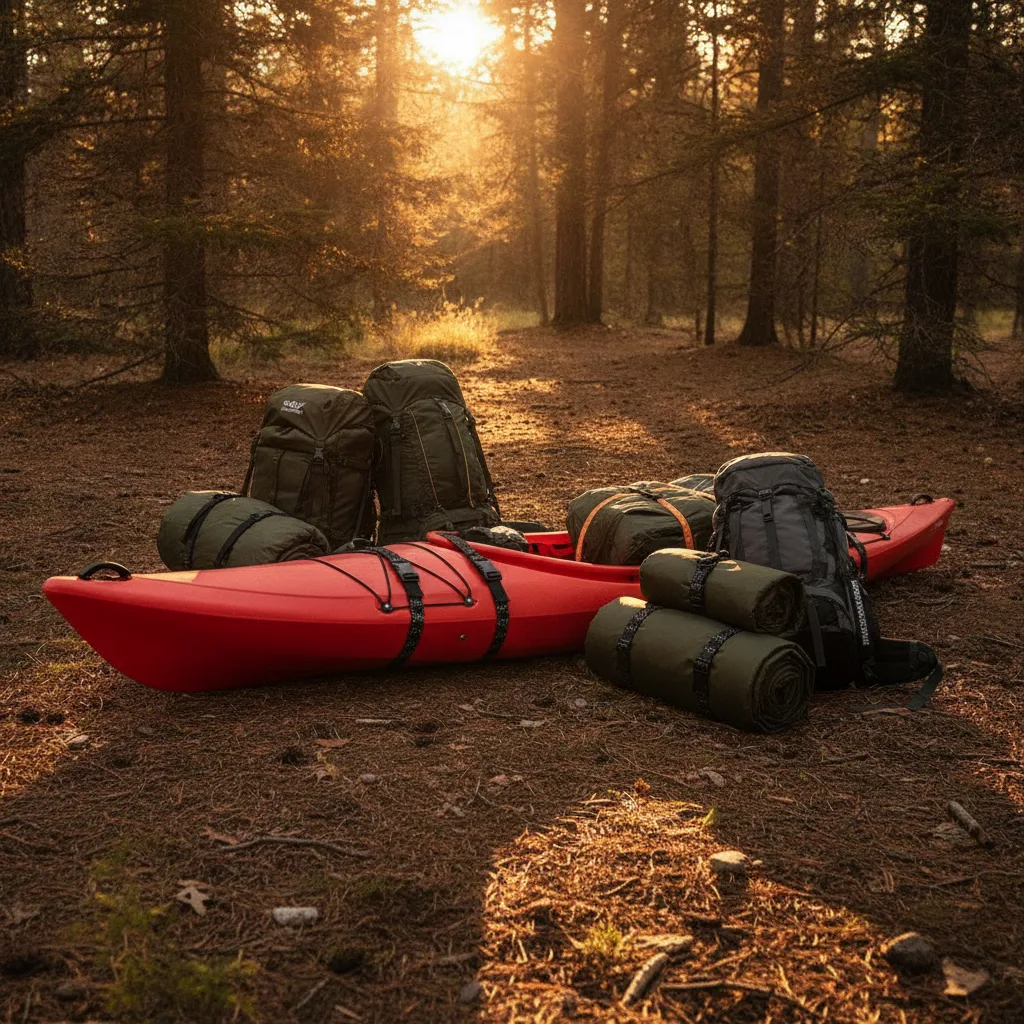 Camping gear including a kayak secured with elastic cargo straps arranged at golden hour in a forest clearing.