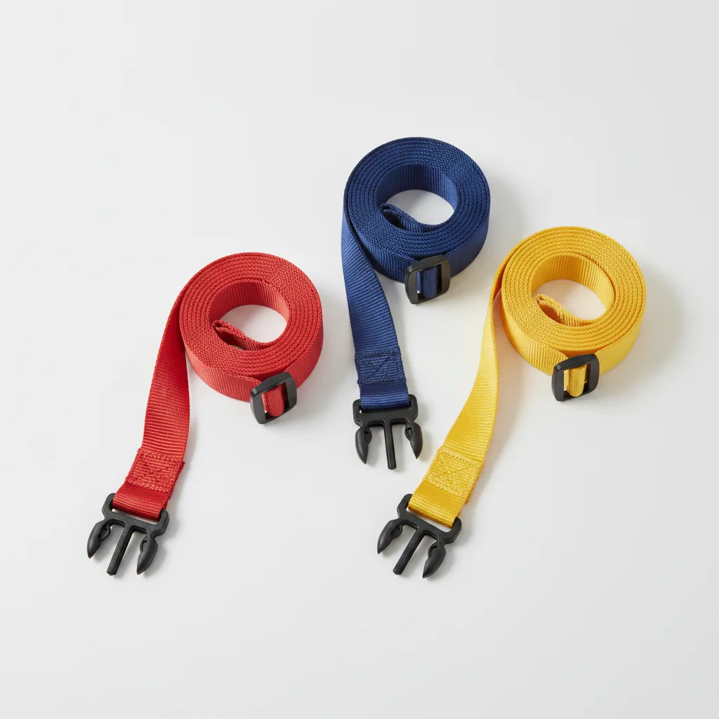 Coiled ROK straps cargo elastic in red, navy, and yellow with black plastic buckles on white backdrop.