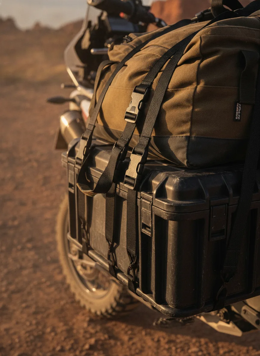 Elastic cargo straps with black buckles securing motorcycle gear in desert landscape at sunset.