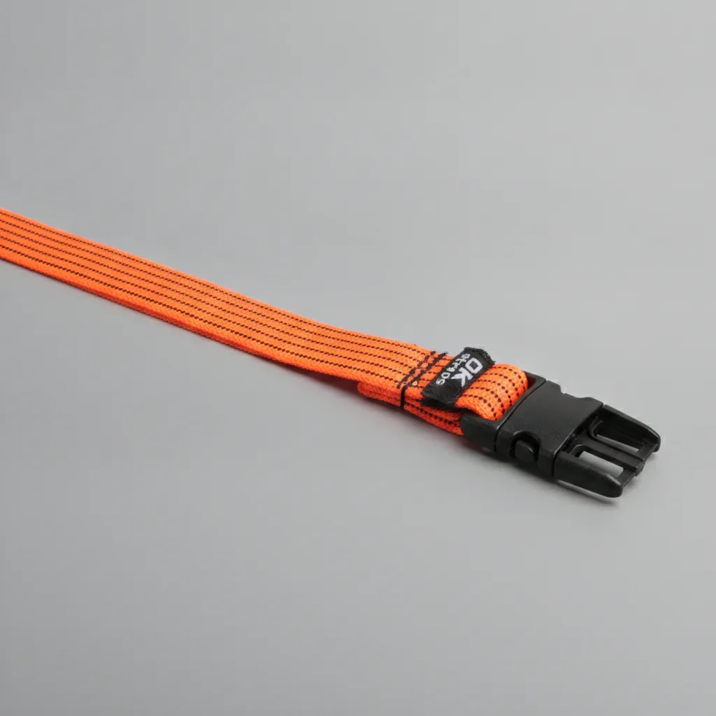 Stretched ROK elastic cargo strap in neon orange with black plastic buckle on gray studio background.