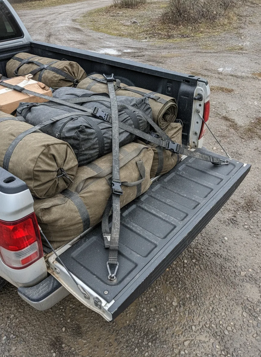 Truck bed loaded with expedition supplies secured by elastic cargo straps in wet, rugged terrain.