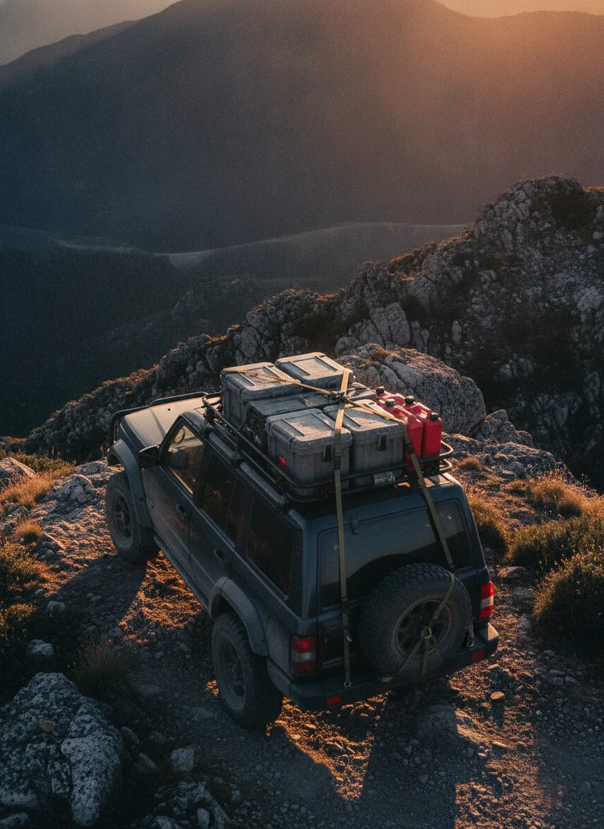 4x4 vehicle with roof-mounted expedition gear secured by elastic cargo straps at golden hour on rocky mountain terrain.