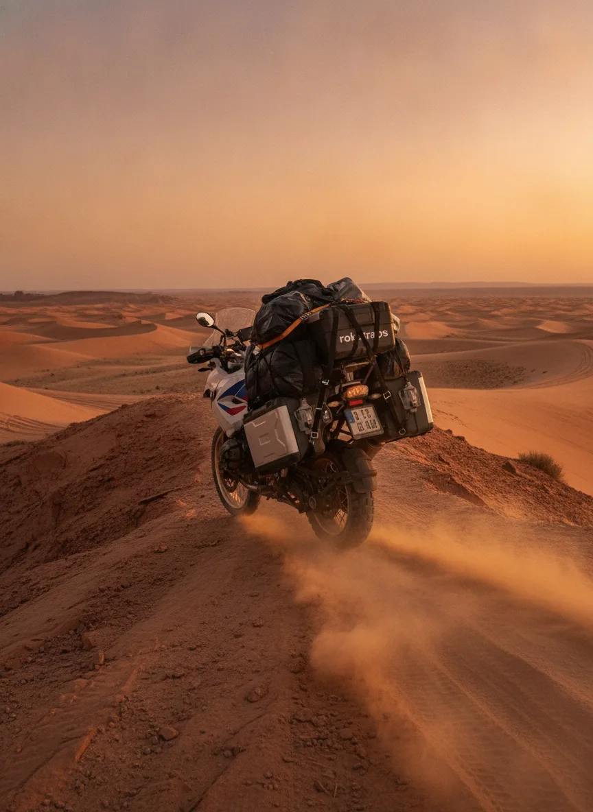 Loaded adventure motorcycle with elastic cargo straps ascending a desert ridge at sunset with dramatic rock formations.