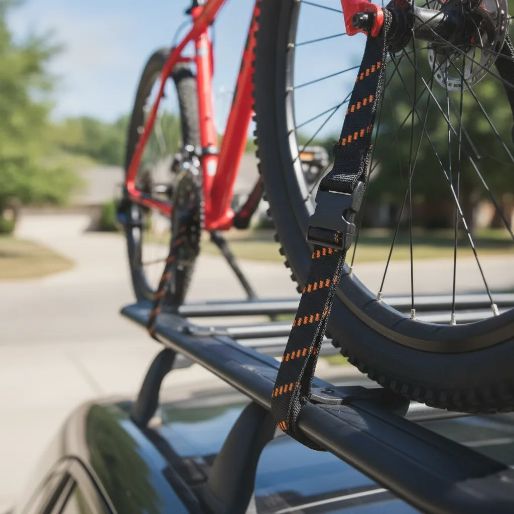 Elastic cargo straps with black buckles securing a red bicycle to a roof rack in daylight.