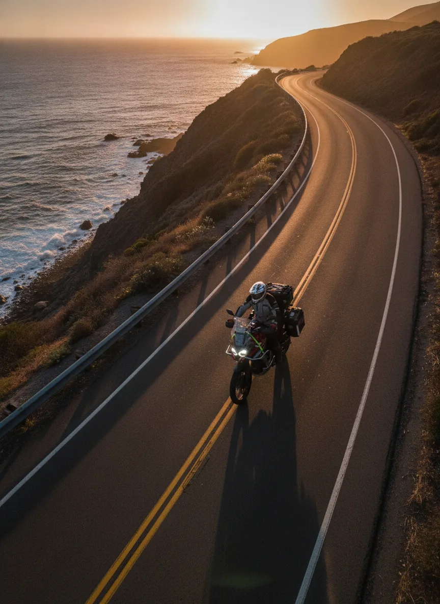Aerial view of motorcycle with elastic cargo straps ascending coastal highway at golden hour with ocean backdrop.