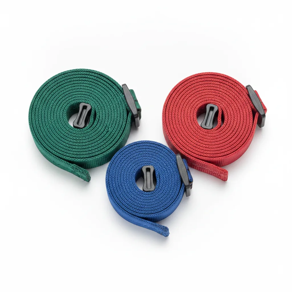 Coiled elastic cargo straps in emerald, sapphire, and crimson with black plastic buckles on white background.
