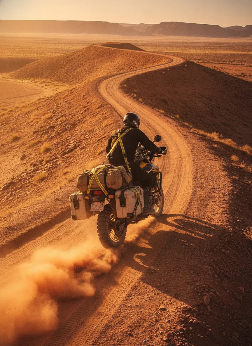 Adventure motorcycle with elastic cargo straps securing gear on desert ridge at golden hour with dust and motion.