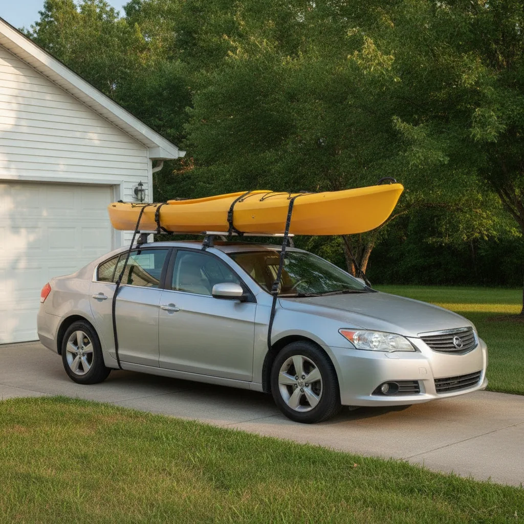 Yellow kayak secured to sedan roof with elastic cargo straps and black buckles on a sunny day.
