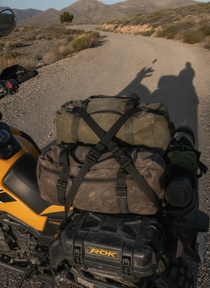 Elastic cargo straps with black buckles securing motorcycle expedition gear on a mountain pass in afternoon light.