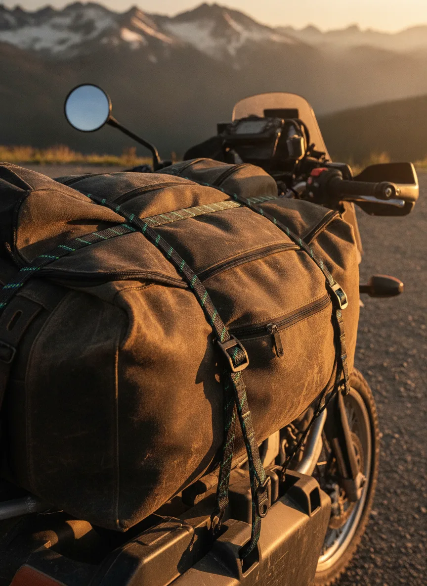 Close-up of elastic cargo straps securing expedition gear on mountain pass motorcycle with peaks in background.