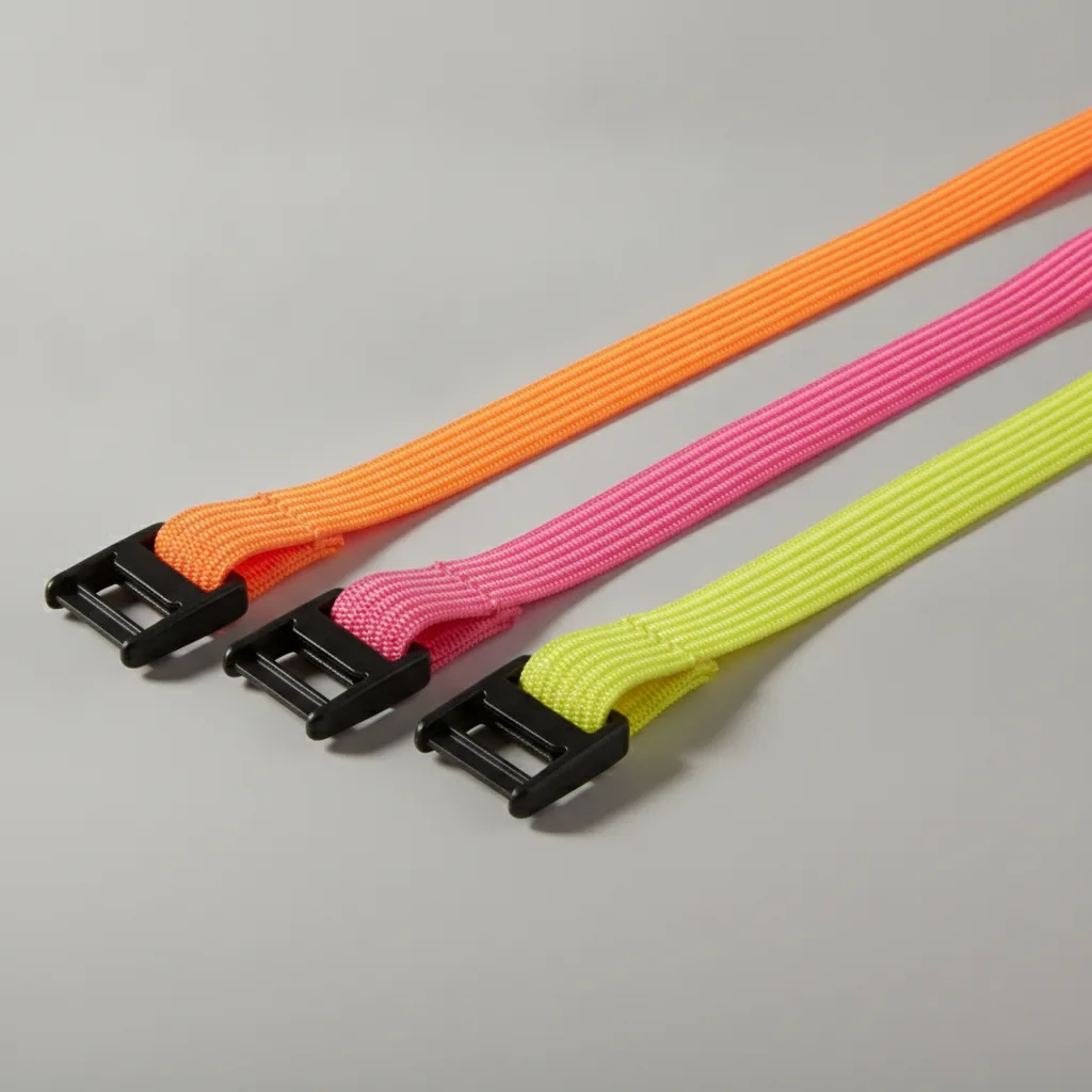 Stretched elastic cargo straps in neon orange, hot pink, and yellow with black plastic buckles on gray background.