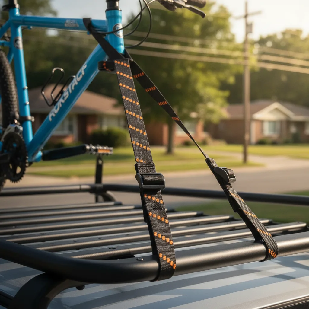 Elastic cargo straps with black plastic buckles securing a mountain bike to a roof rack in bright daylight.