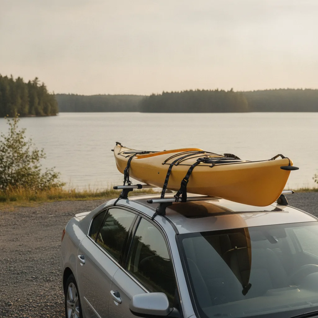 Yellow kayak secured with elastic cargo straps and black buckles to a silver car roof rack at a lakeside location.