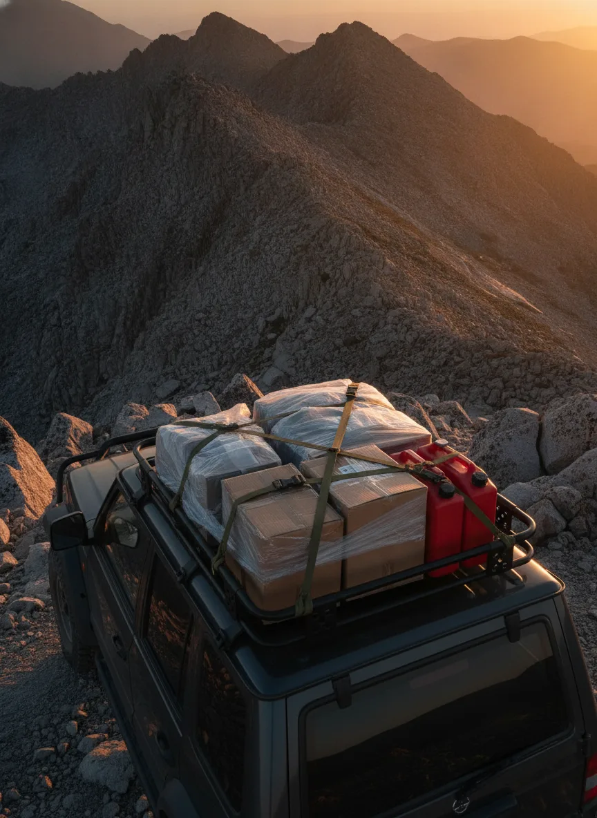 Rugged 4x4 with elastic cargo straps securing expedition boxes on a mountain ridge at sunset.