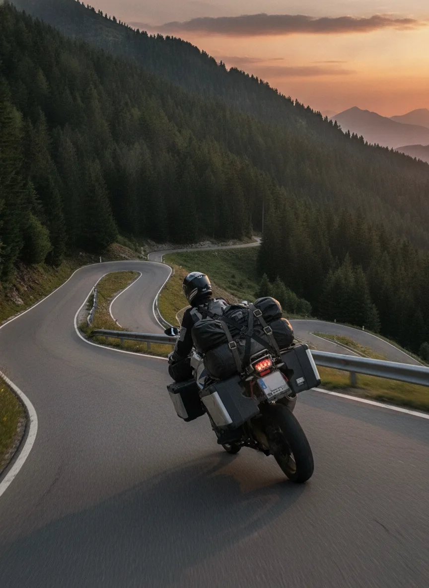 Adventure motorcycle with elastic cargo straps ascending mountain pass at golden hour with rider engaged.