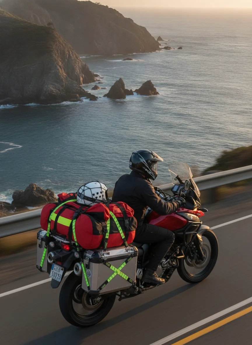 Adventure motorcycle with elastic cargo straps riding coastal highway at golden hour with ocean backdrop.