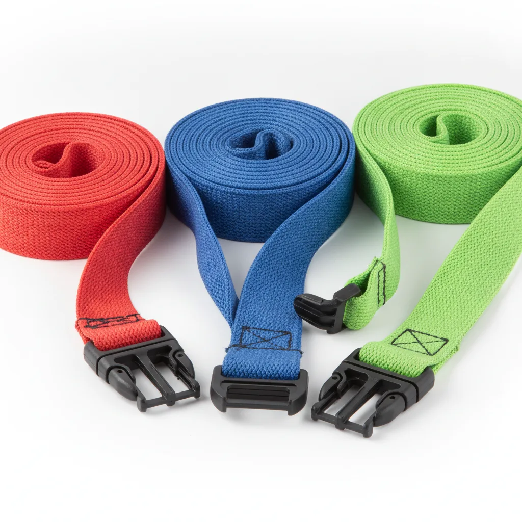 Coiled and stretched elastic cargo straps in red, blue, and green with black plastic buckles on white background.