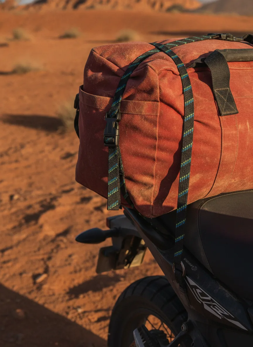 Close-up of elastic cargo straps with black buckles securing gear to motorcycle in desert golden hour.