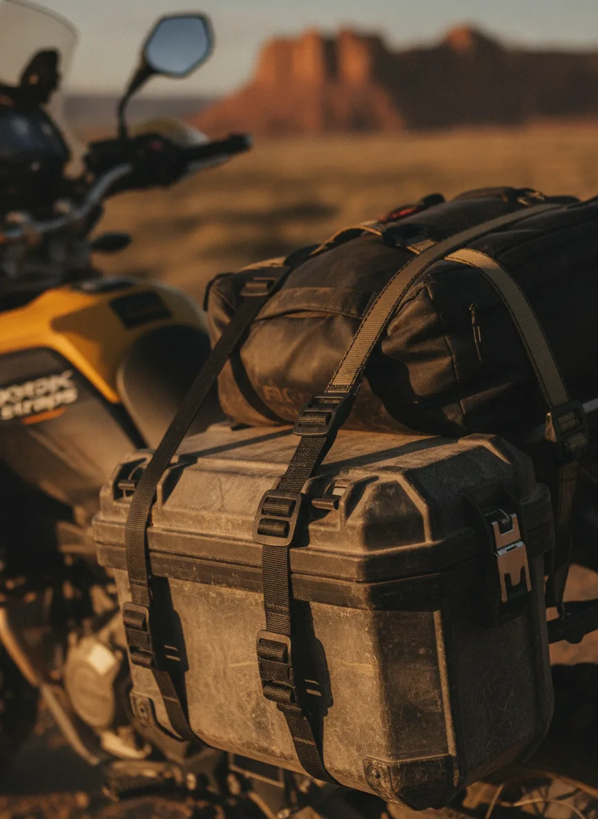 Close-up of elastic cargo straps with buckles securing motorcycle adventure gear in golden desert light.