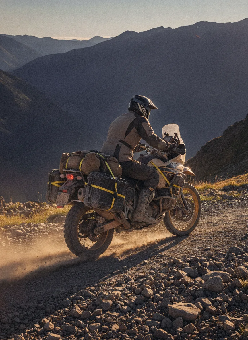 Motorcycle with secured cargo ascending mountain pass at sunset with visible rider and elastic straps.