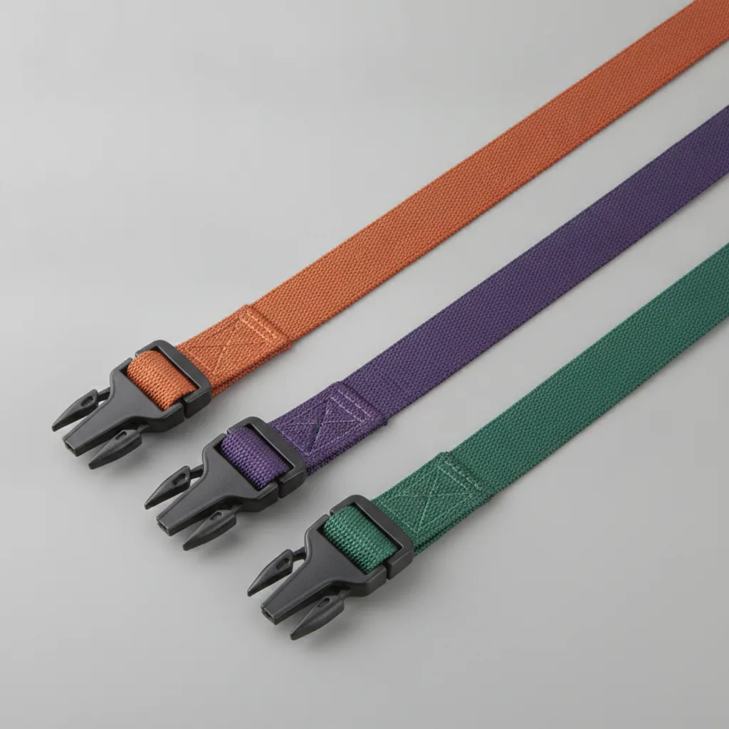 Stretched elastic cargo straps in orange, purple, and green with black plastic buckles on gray seamless backdrop.