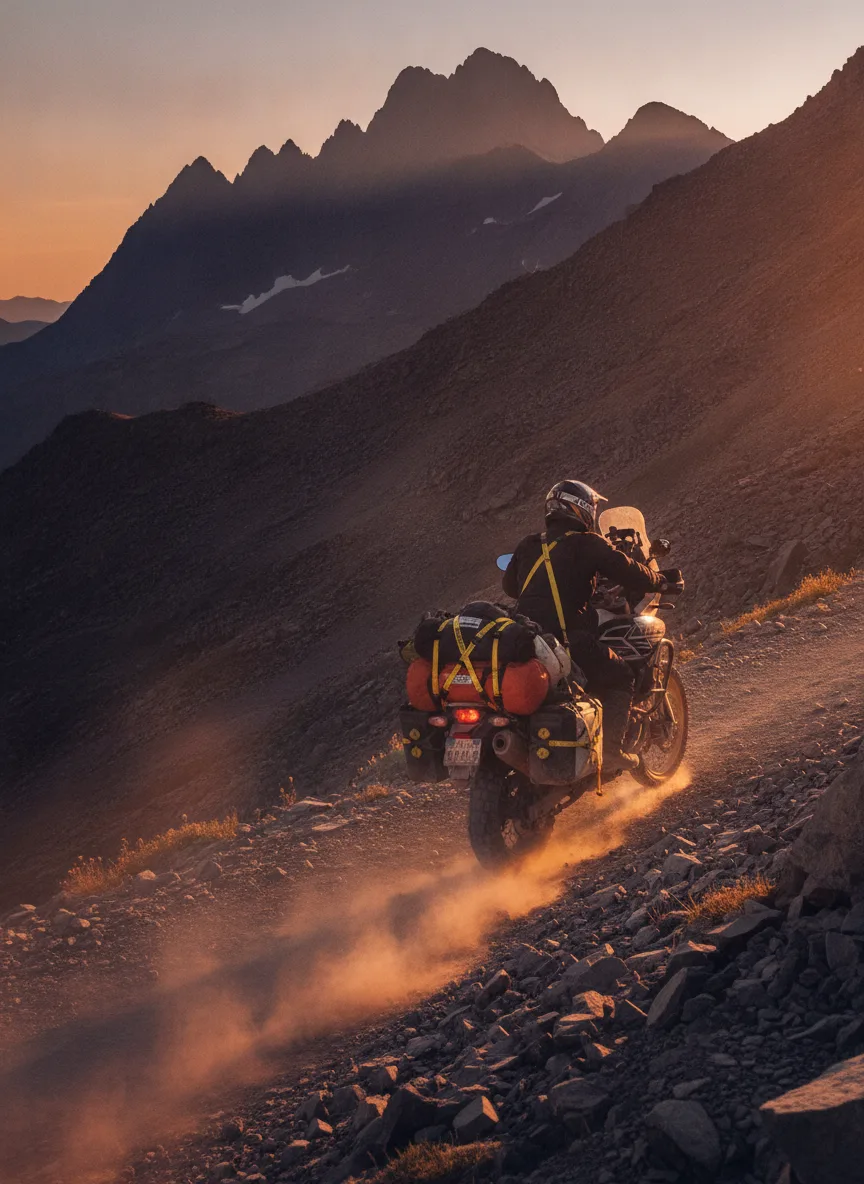 Adventure motorcycle with rider ascending a golden-hour mountain pass, secured gear straps visible with black buckles.
