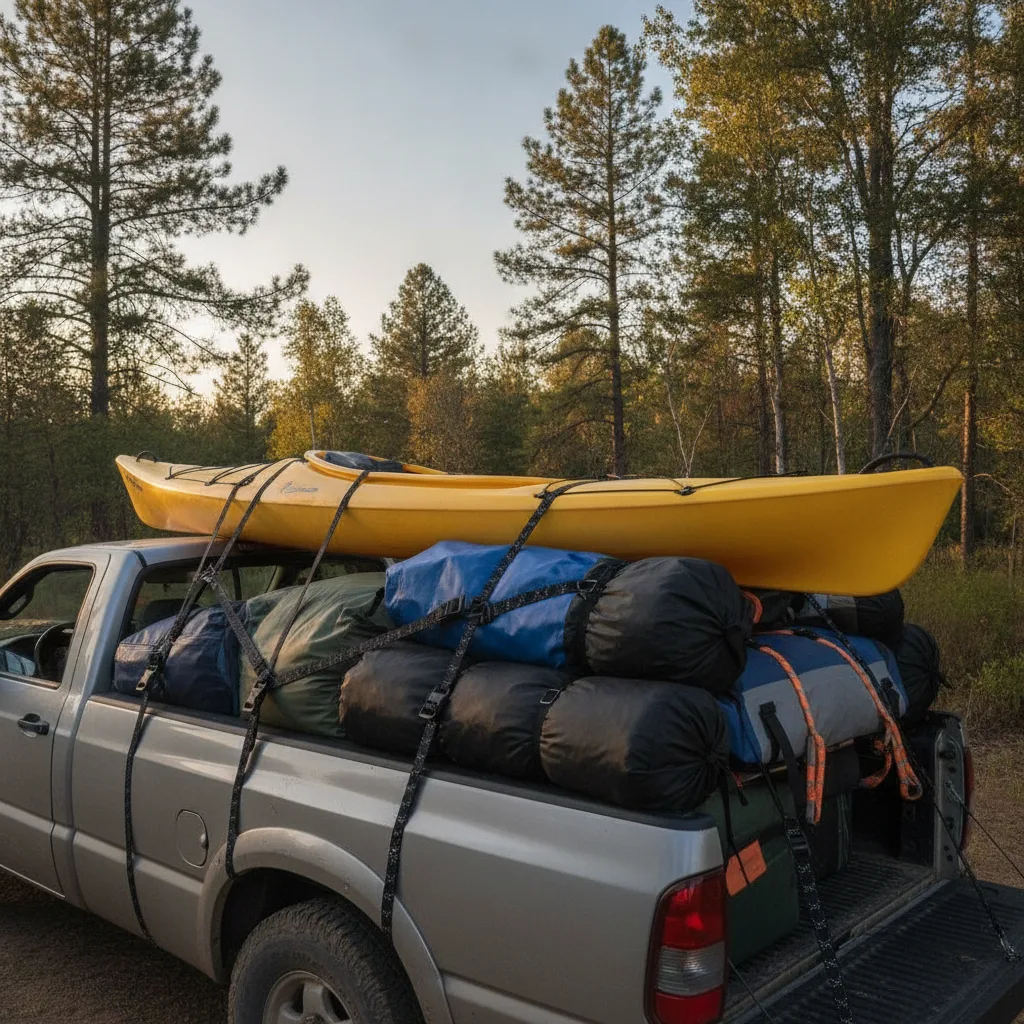 Kayak and camping gear secured with elastic cargo straps on a truck bed during golden-hour daylight.