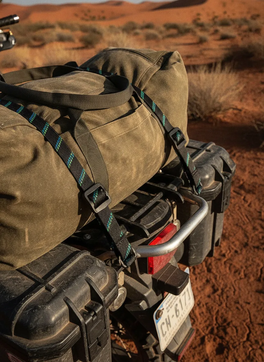 Close-up overhead of cargo straps with black buckles securing motorcycle gear, desert sand dunes in background.