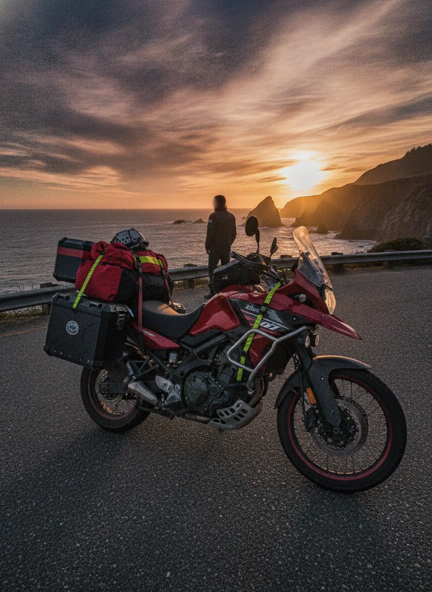 Adventure motorcycle with rider at coastal overlook, cargo straps securing gear against golden sunset and ocean backdrop.
