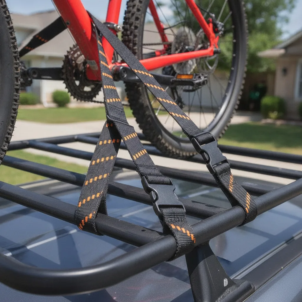 Elastic cargo straps with black buckles securing a red bicycle to a roof rack in daylight.