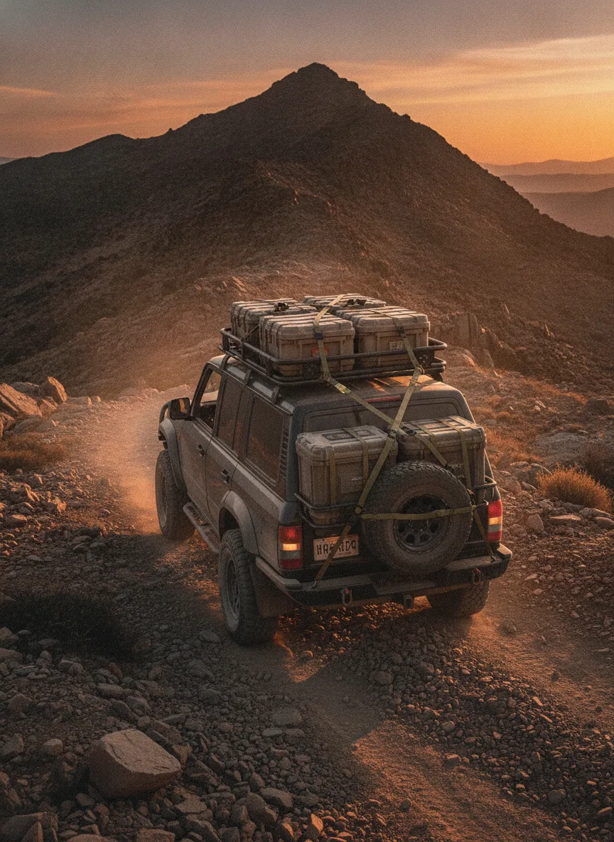 4x4 vehicle with elastic cargo straps securing roof-mounted expedition gear on mountain trail at sunset.