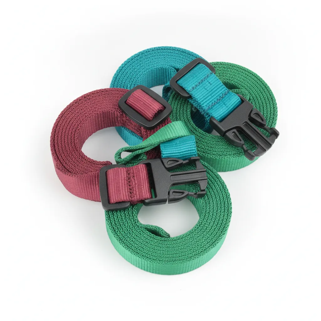 Colorful elastic cargo straps coiled and stretched on white background with black plastic buckles.