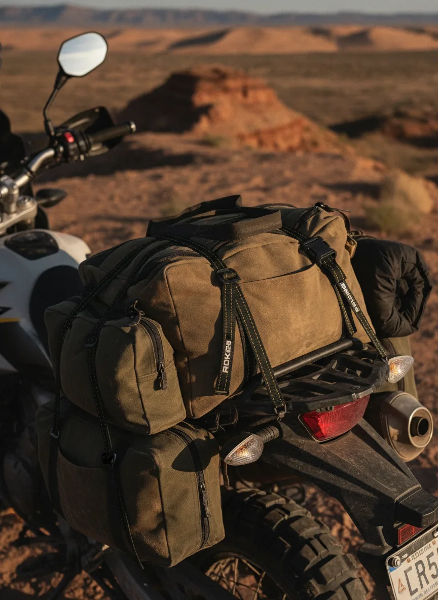 Elastic cargo straps with black buckles securing adventure motorcycle gear on a desert ridge.