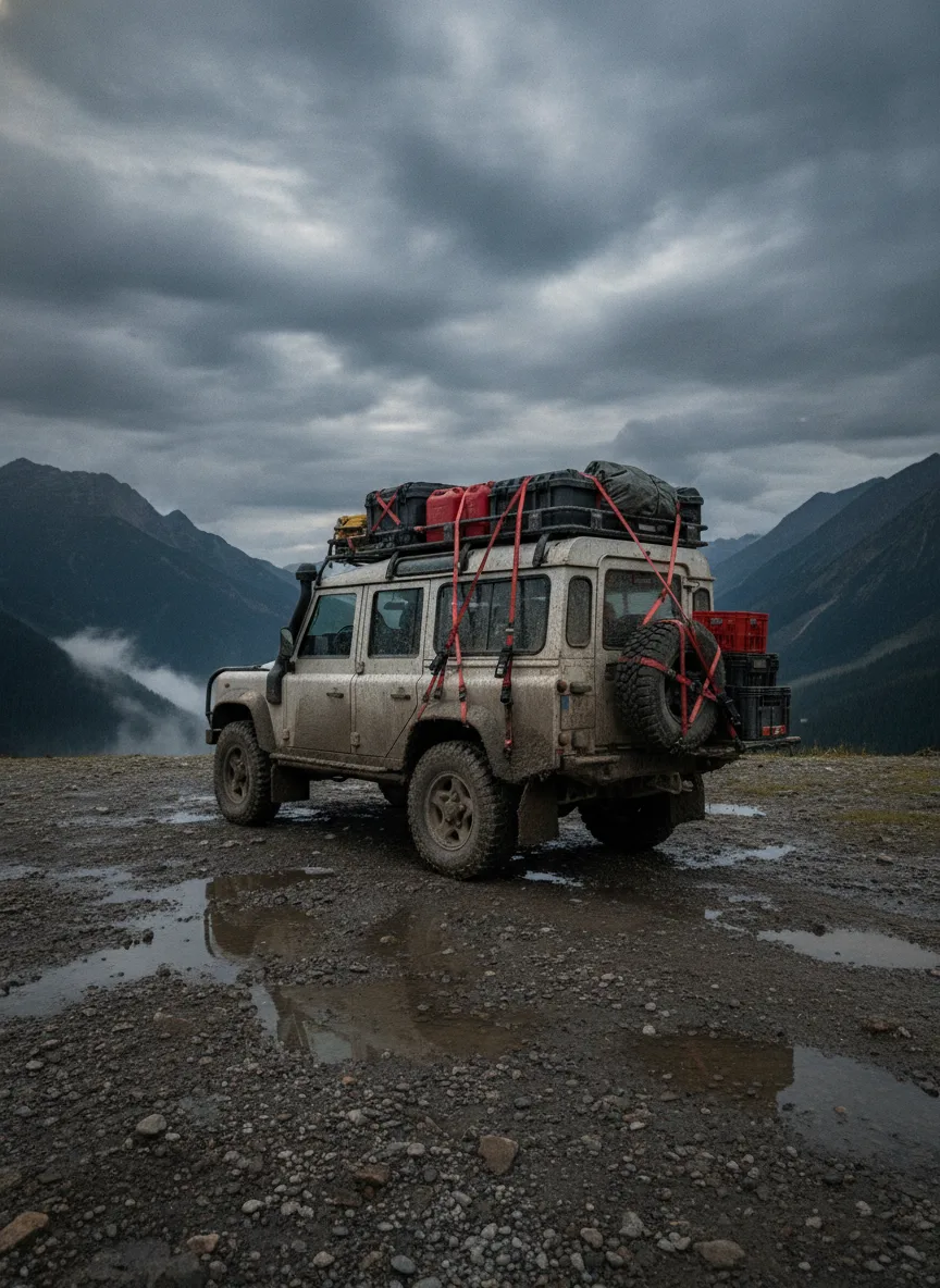 ROK Straps securing expedition cargo to a rugged 4x4 on a muddy mountain plateau in overcast conditions.