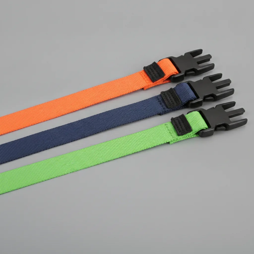 Stretched elastic cargo straps in orange, navy, and lime with black plastic buckles on gray background.