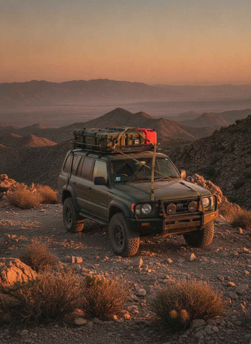 Rugged 4x4 with cargo straps securing expedition gear on mountain ridge at sunset.