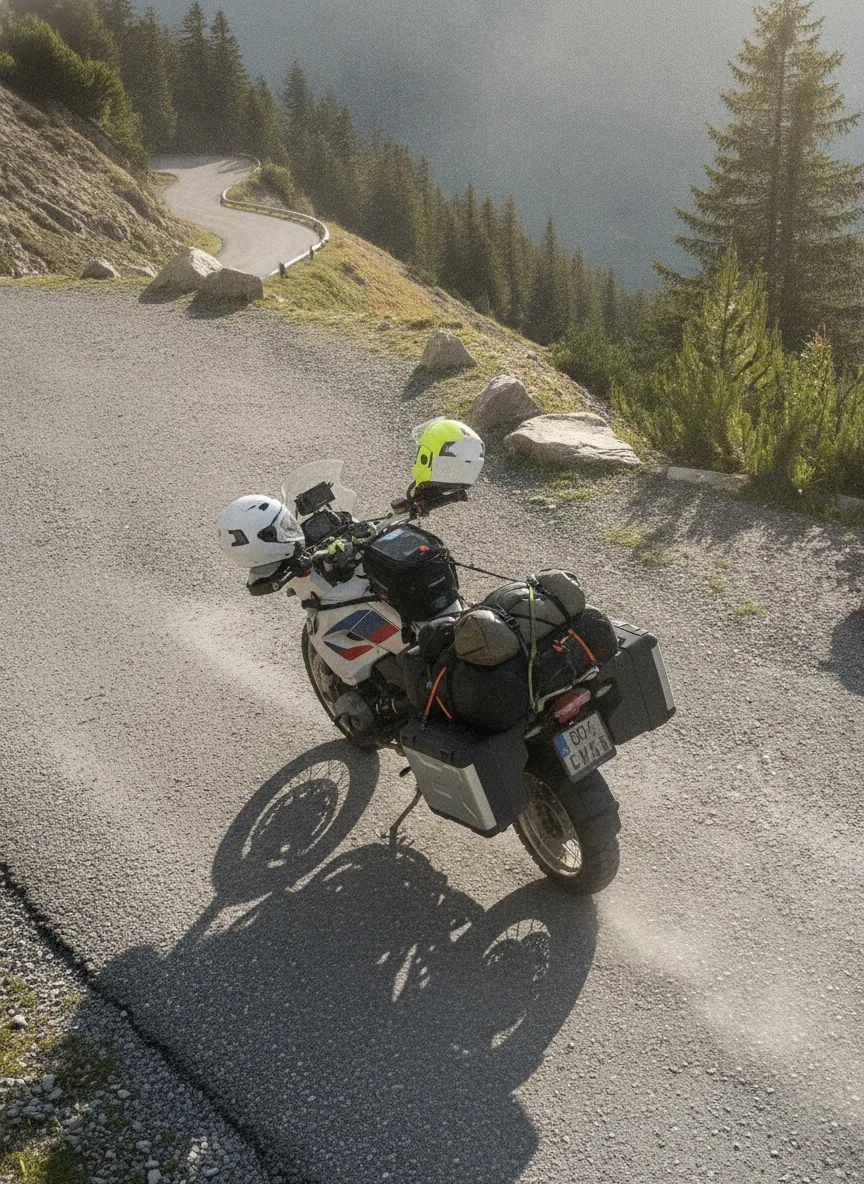 Adventure motorcycle packed with cargo straps securing gear on a mountain pass road.